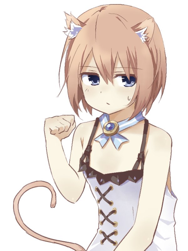 1girl animal_ears bare_shoulders blanc blancpig_yryr blue_eyes brown_hair cat_ears cat_tail kemonomimi_mode looking_at_viewer neptune_(series) paw_pose short_hair solo tail