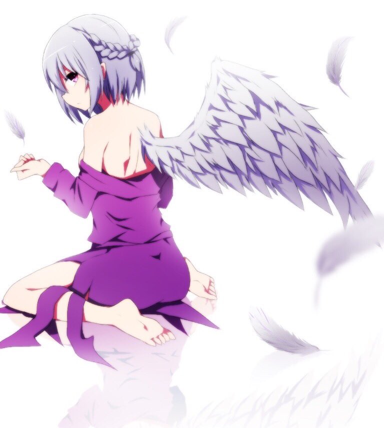 1girl angel_wings back bare_shoulders barefoot bloom braid closed_mouth commentary dress feathered_wings feathers from_side full_body grey_hair jpeg_artifacts kishin_sagume long_sleeves looking_at_viewer no_jacket off_shoulder pink_eyes profile purple_dress short_hair single_wing sitting solo touhou wariza white_background white_wings wings you_(noanoamoemoe)