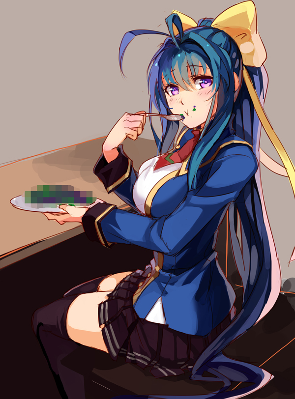 1girl :t antenna_hair bad_food black_legwear blazblue blazblue_remix_heart blue_hair blush bow breasts censored censored_food eating fake_censor food food_on_face from_side genderswap genderswap_(mtf) hair_between_eyes hair_bow large_breasts long_hair looking_at_viewer mai_natsume mosaic_censoring plate ponytail ribbon school_uniform selenoring sidelocks sitting solo spoon table thigh-highs very_long_hair yellow_bow