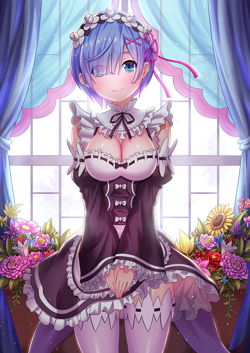 1girl bangs blue_eyes blue_hair blush breasts cleavage cowboy_shot curtains detached_collar detached_sleeves dress eyes_visible_through_hair flower frilled_dress frilled_sleeves frills hair_ornament hair_over_one_eye hair_ribbon hands_together highres indoors large_breasts looking_at_viewer maid maid_headdress pink_ribbon re:zero_kara_hajimeru_isekai_seikatsu rem_(re:zero) ribbon short_hair smile solo standing tako_seijin thigh-highs v_arms wide_sleeves window x_hair_ornament