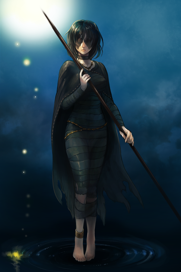 1girl anklet bandage barefoot black_dress black_hair breasts cape choker closed_mouth demon's_souls dress full_body holding holding_staff jewelry maiden_in_black medium_breasts piyo short_hair solo souls_(from_software) staff standing