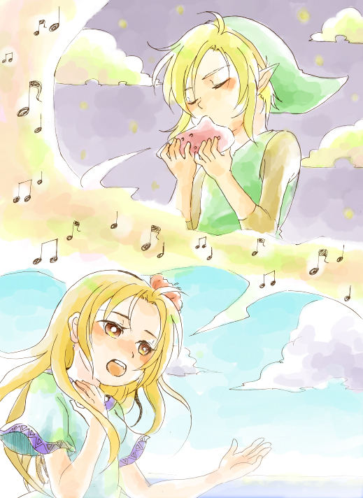 1boy 1girl blonde_hair blue_eyes brown_eyes closed_eyes clouds flower green_hat hair_flower hair_ornament hat instrument koma_taro link marin_(the_legend_of_zelda) music musical_note ocarina open_mouth outdoors outstretched_hand pointy_ears the_legend_of_zelda the_legend_of_zelda:_link's_awakening tunic