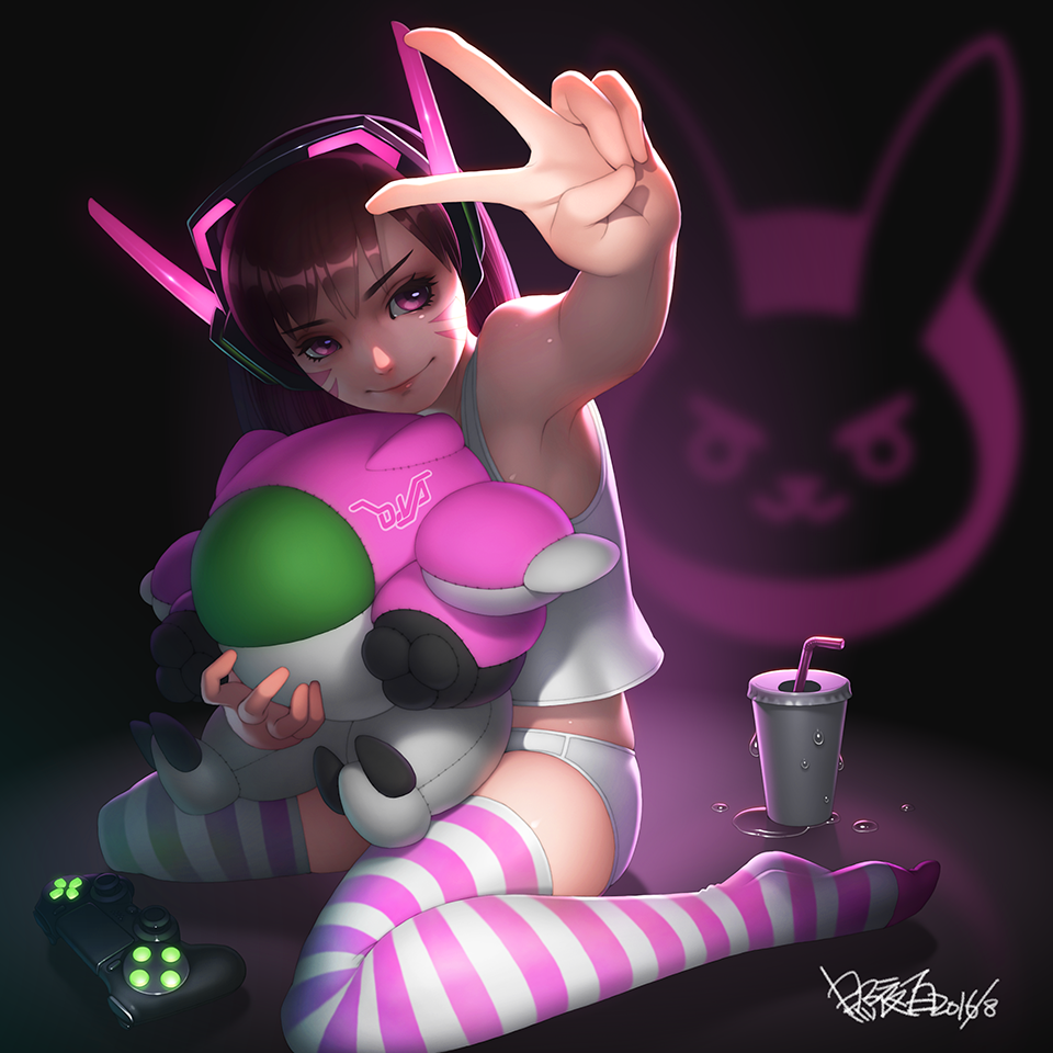 1girl 2016 backlighting bangs brown_hair condensation controller d.va_(overwatch) dark_background dated drinking_cup drinking_straw emblem facepaint facial_mark foreshortening full_body game_controller glowing headphones holding long_hair looking_at_viewer meka_(overwatch) overwatch panties pink_eyes puddle shirt signature sitting skindentation smile solo striped striped_legwear stuffed_toy swept_bangs tank_top thigh-highs underwear underwear_only v wariza whisker_markings white_panties white_shirt zhaoyebai