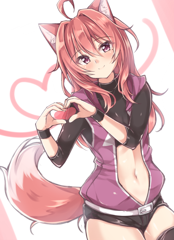 1girl ahoge animal_ears belt blush closed_mouth commentary cowboy_shot fox_ears fox_girl fox_tail heart heart_hands jacket jiino long_hair looking_at_viewer navel open_clothes open_jacket original pink_eyes raika_(jiino) redhead short_shorts shorts sidelocks sleeveless smile solo stomach tail undershirt wristband