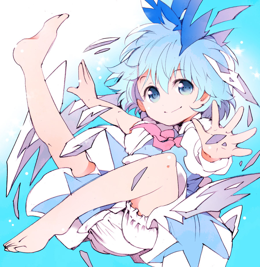 1girl :&gt; barefoot bloomers blue_eyes blue_hair bow cirno hair_bow ice ichizen_(o_tori) open_hands open_mouth shards short_hair solo touhou underwear