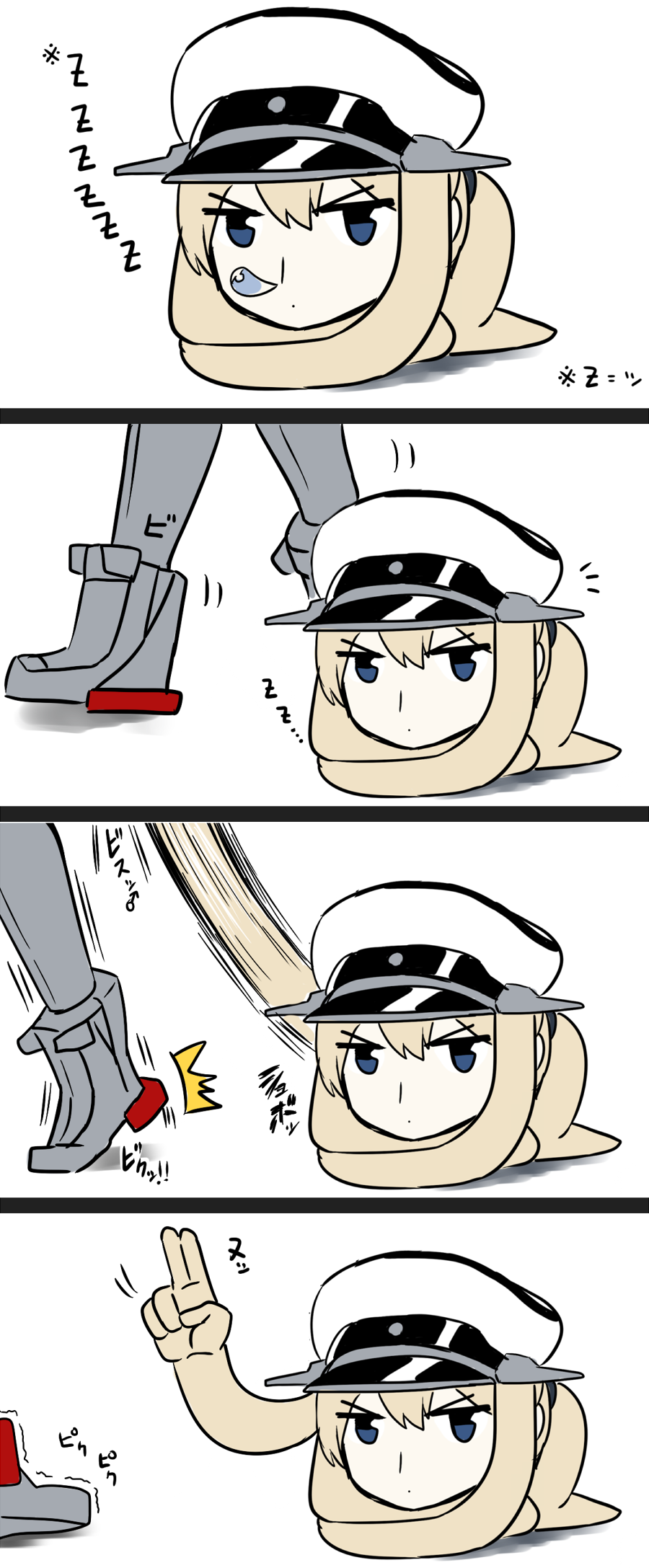 2girls 4koma bismarck_(kantai_collection) blew_andwhite comic commentary_request graf_zeppelin_(kantai_collection) hat highres kanchou kantai_collection kraken multiple_girls peaked_cap sleeping sleeping_with_eyes_open twintails what