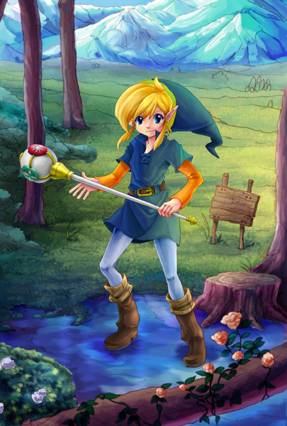 10ca1 1boy belt blonde_hair boots brown_boots bush flower full_body grass green_hat hat link log looking_at_viewer mountain outdoors pointy_ears rod_of_seasons scenery sign solo standing the_legend_of_zelda the_legend_of_zelda:_oracle_of_seasons tree tree_stump tunic water