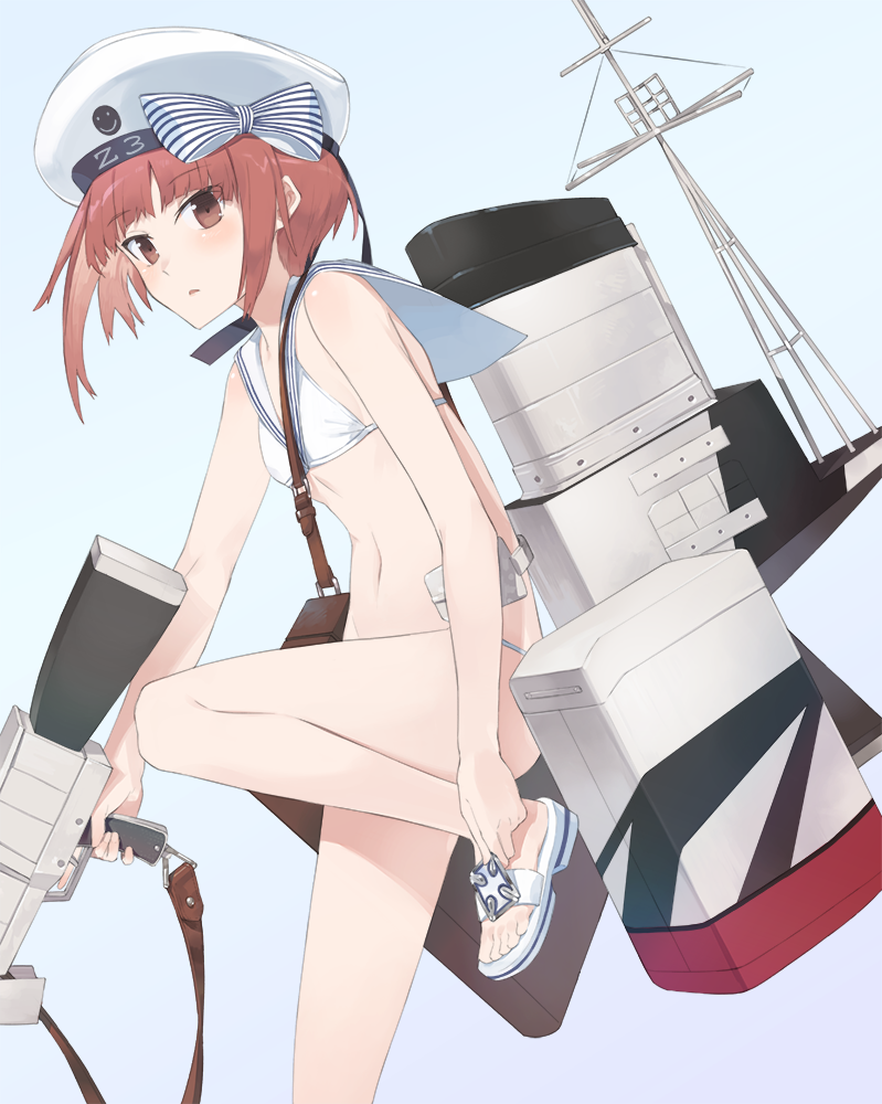 1girl adjusting_clothes adjusting_shoe bag bikini blue_background brown_eyes brown_hair commentary_request hat hayashi_kewi holding kantai_collection looking_at_viewer machinery md5_mismatch navel parted_lips sailor_bikini sailor_collar sailor_hat sandals short_hair shoulder_bag simple_background solo swimsuit turret white_bikini white_hat z3_max_schultz_(kantai_collection)
