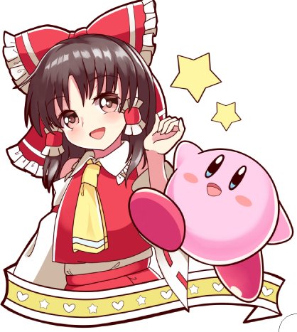 1girl ascot bare_shoulders blue_eyes blush blush_stickers bow brown_eyes brown_hair crossover detached_sleeves hair_bow hair_ornament hakurei_reimu hoshi_no_kirby igakusei kirby kirby_(series) lowres nintendo open_mouth star team_shangahai_alice touhou white_background