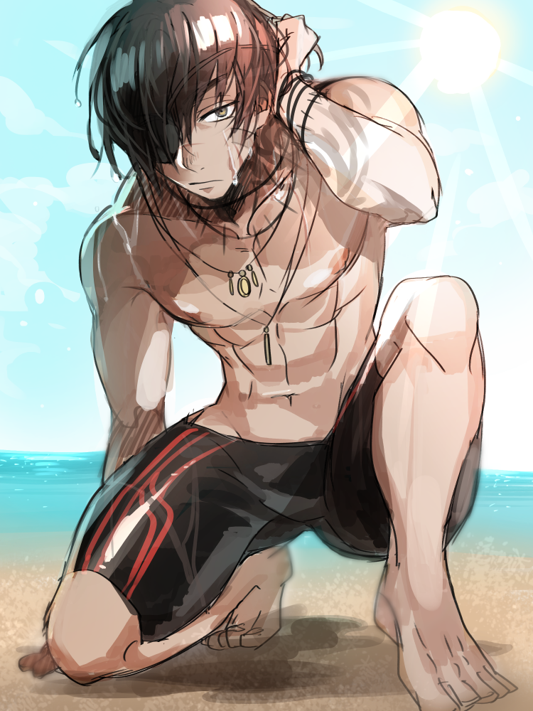 1boy arm_support barefoot beach brawler_(dungeon_and_fighter) brown_hair dark_skin dark_skinned_male dungeon_and_fighter eyepatch full_body hair_over_one_eye hand_in_hair jammers jewelry kneeling lens_flare male_fighter_(dungeon_and_fighter) male_focus male_swimwear necklace scar shirtless solo sunlight swimwear