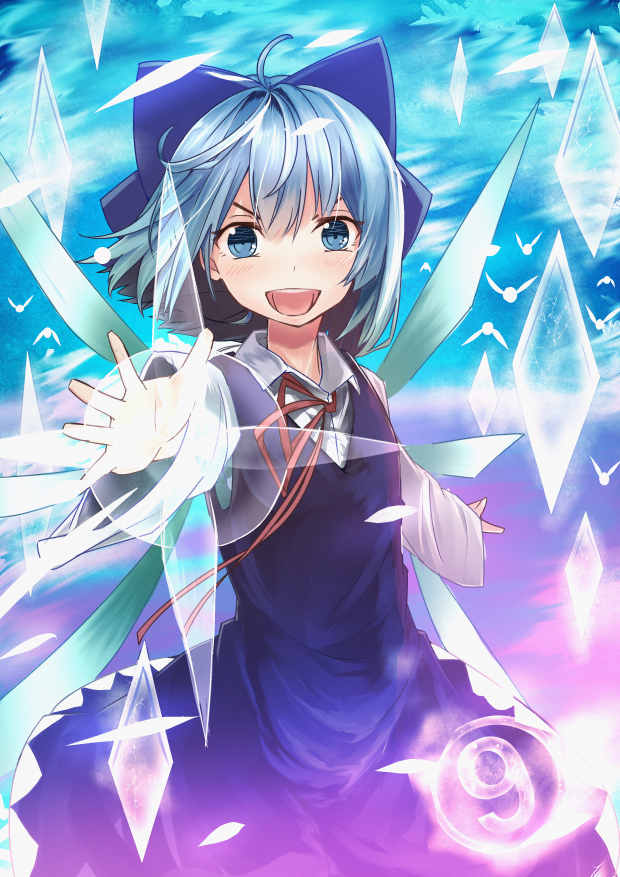 &gt;:d (9) 1girl :d adapted_costume ahoge blue_bow blue_dress blue_eyes blue_hair blush bow cirno commentary_request cowboy_shot dress foreshortening hair_bow ice ice_wings long_sleeves looking_at_viewer neck_ribbon open_mouth poyosuke red_ribbon ribbon short_hair smile solo touhou wide_sleeves wings