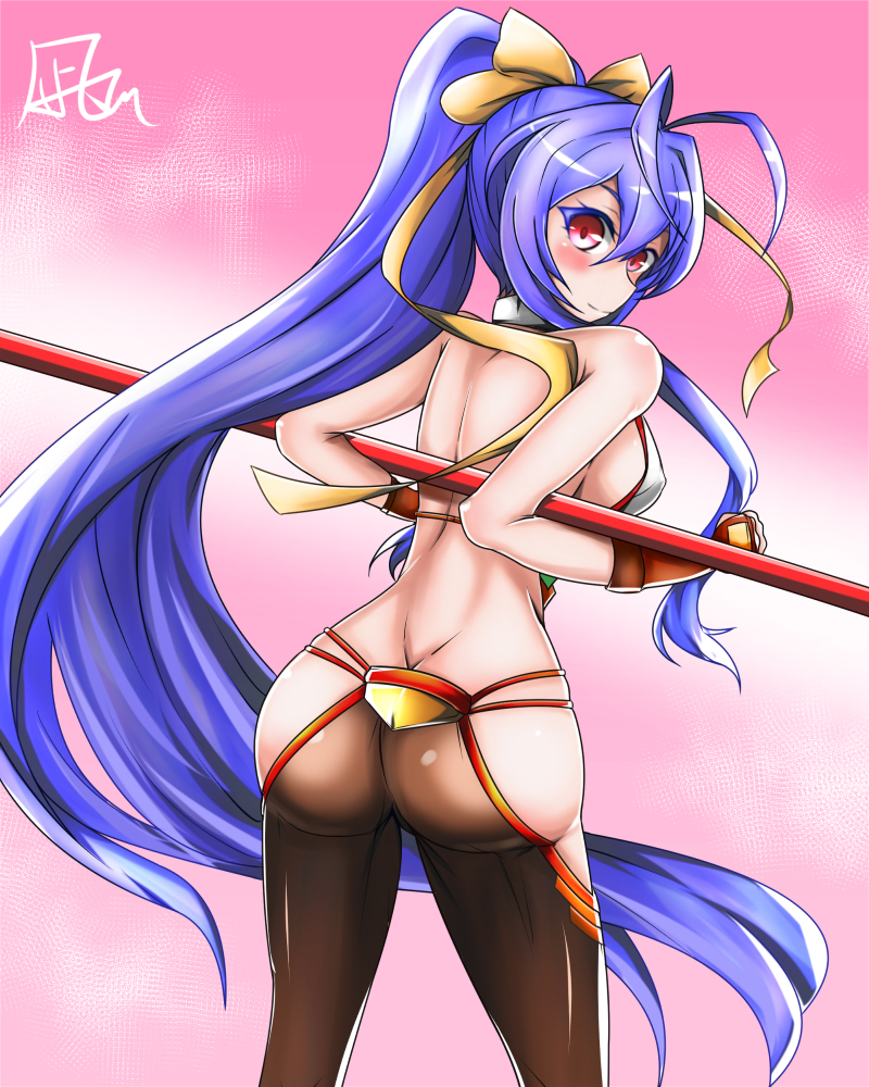 1girl antenna_hair ass backless_outfit bangs bare_shoulders behind_back black_pants blazblue blazblue:_central_fiction blazblue_variable_heart blue_hair blush bow breasts butt_crack fingerless_gloves from_behind genderswap genderswap_(mtf) gloves hair_between_eyes hair_bow hair_ribbon halter_top halterneck holding holding_weapon large_breasts long_hair looking_at_viewer looking_back lowleg lowleg_pants mai_natsume midriff nagishy no_bra no_panties outseal pants polearm ponytail red_eyes revealing_clothes ribbon shiny shiny_clothes shiny_hair shiny_skin sideboob sidelocks smile solo spear standing very_long_hair violet_eyes weapon yellow_bow
