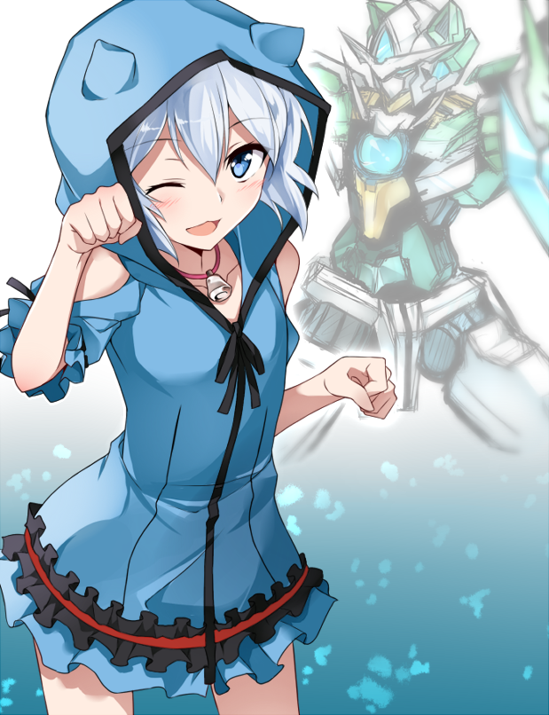 00_shia_quan[t] 1girl :3 :d animal_hood bare_shoulders bell bell_collar blue_eyes blush cat_hood collar collarbone dress frilled_dress frills gundam gundam_build_fighters gundam_build_fighters_try hair_between_eyes hood hooded_dress hoodie kijima_shia looking_at_viewer mecha one_eye_closed open_mouth paw_pose short_dress short_hair short_sleeves silver_hair smile tsuedzu