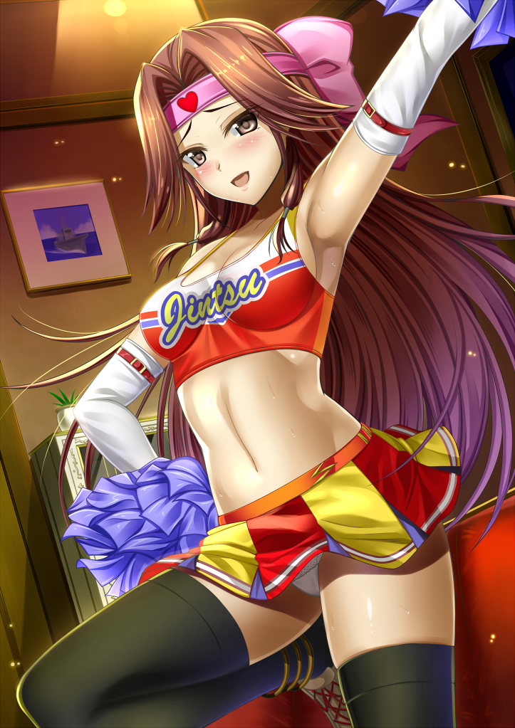 1girl :d alternate_costume arm_up armpits black_legwear breasts brown_eyes brown_hair check_commentary cheerleader cleavage commentary_request headband jintsuu_(kantai_collection) kantai_collection knee_up looking_at_viewer navel open_mouth panties pantyshot pantyshot_(standing) pleated_skirt pom_poms shibata_rai skirt smile solo standing sweat thigh-highs underwear white_panties zettai_ryouiki