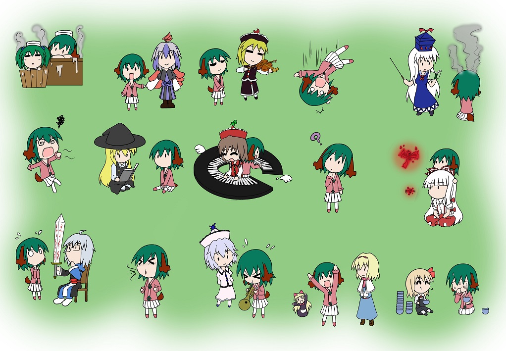 &gt;_&lt; &gt;o&lt; ._. /\/\/\ 1boy 6+girls :d ? @_@ ^_^ ahoge alice_margatroid animal_ears back bangs black_dress blonde_hair blue_dress blue_hair blunt_bangs book bow bowl brown_hair bucket capelet chestnut_mouth chibi closed_eyes crescent crescent_hair_ornament dress eating falling fire fujiwara_no_mokou green_background green_hair hair_bow hair_ornament hand_on_own_chin head_tilt head_wings holding holding_book holding_hands horns in_bucket in_container indian_style instrument kamishirasawa_keine kasodani_kyouko keyboard_(instrument) kirisame_marisa kisume long_hair looking_at_another looking_at_viewer lunasa_prismriver lyrica_prismriver merlin_prismriver morichika_rinnosuke multicolored_hair multiple_girls multiple_views music no_mouth no_nose o_o object_on_head open_book open_mouth pants playing_instrument pointer rakugaki-biyori red_wings rumia shanghai_doll short_hair silver_hair simple_background single_head_wing sitting skirt smile smoke steam suspenders sword tail teaching tokiko_(touhou) touhou towel towel_on_head trumpet two-tone_hair very_long_hair violin weapon white_hair wings |_|