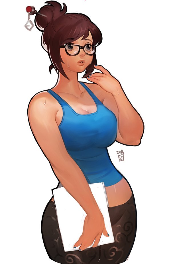 1girl artist_name bangs beads black-framed_eyewear black_legwear blue_nails breasts brown_eyes brown_hair clipboard dated eyebrows eyebrows_visible_through_hair fingernails glasses hair_bun hair_ornament hair_stick hand_to_own_mouth hand_up kanataria large_breasts mei_(overwatch) nail_polish overwatch parted_lips print_legwear sidelocks signature simple_background sleeveless solo sweatdrop tank_top white_background