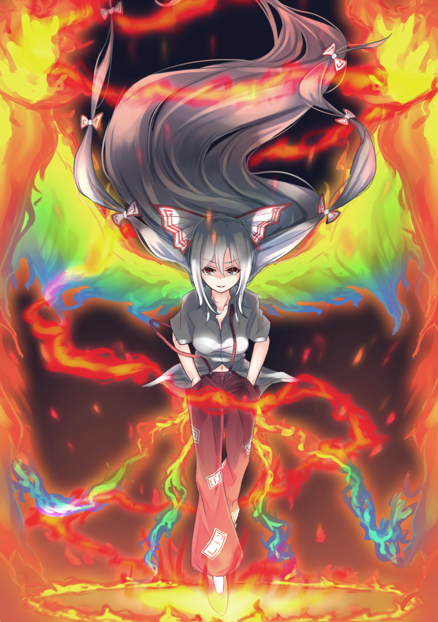 &gt;:) 1girl baggy_pants belly_peek borushichi bow commentary_request fiery_wings fire floating_hair fujiwara_no_mokou full_body hair_bow hands_in_pockets highres long_hair looking_at_viewer navel ofuda pants parted_lips phoenix_wings rainbow_gradient red_eyes red_pants shaded_face shirt short_sleeves silver_hair smile solo suspenders suspenders_slip touhou untucked_shirt very_long_hair white_bow white_shirt