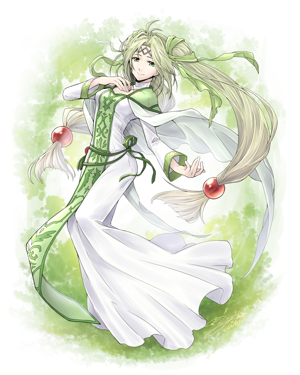 1girl aino_yumeri capelet circlet dress full_body green_eyes green_hair hair_bobbles hair_ornament highres jewelry long_hair mireille_feydeau necklace outstretched_hand signature smile solo tales_of_pixiv very_long_hair