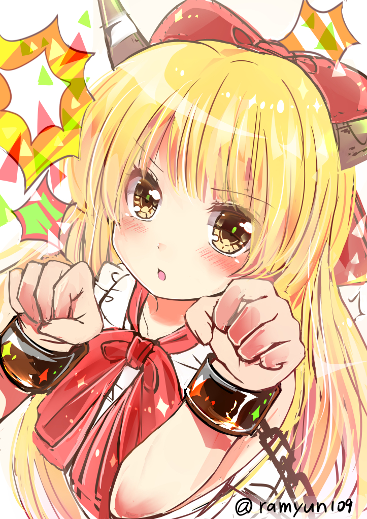 1girl blonde_hair blush bow bowtie chain cuffs hair_bow horns ibuki_suika long_hair looking_at_viewer open_mouth paw_pose ramudia_(lamyun) red_bow red_bowtie shackles sleeveless touhou twitter_username upper_body yellow_eyes