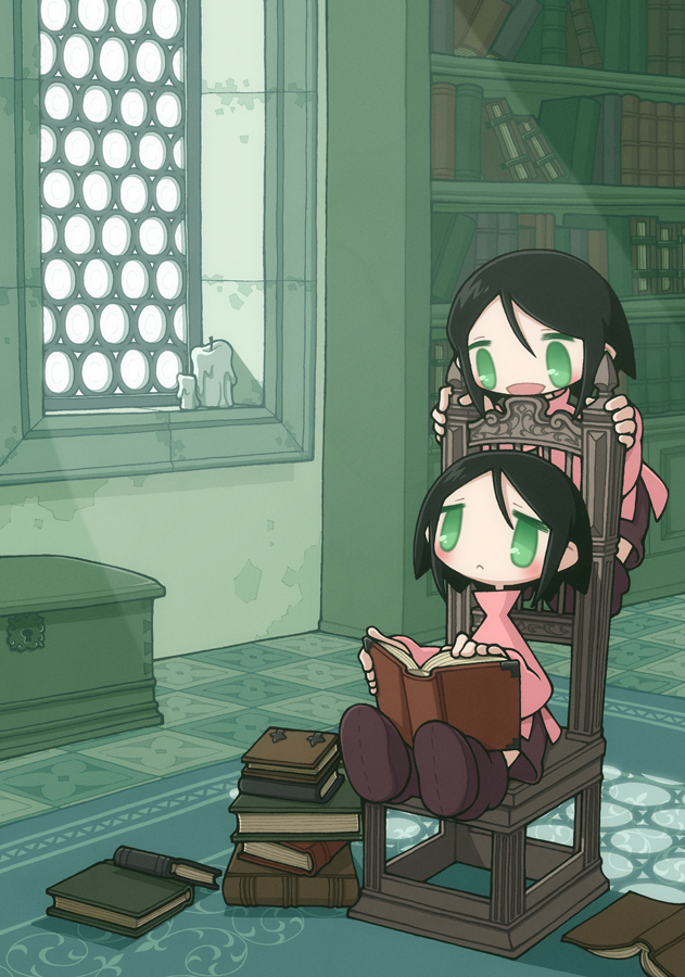 :&lt; black_hair book book_stack bookshelf box candle chair frown green_eyes holding holding_book light open_mouth original rug sitting smile turtleneck window yamori_511