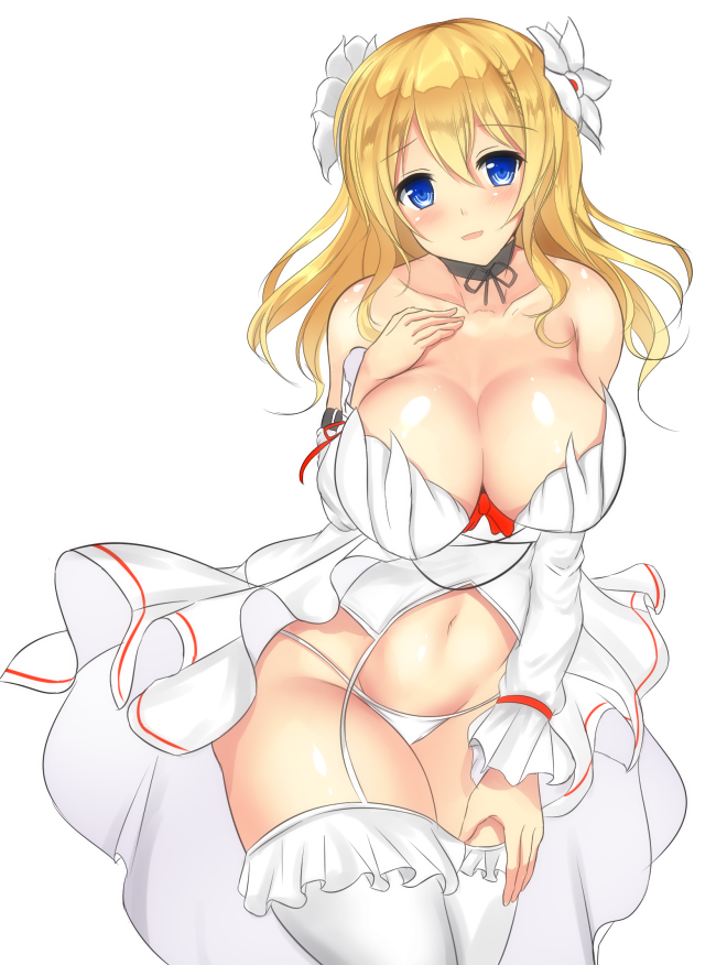 1girl bare_shoulders blonde_hair blue_eyes blush breasts choker cleavage collarbone commentary_request cowboy_shot detached_sleeves flower frilled_legwear garter_belt groin hair_flower hair_ornament juno_(sennen_sensou_aigis) large_breasts leaning_forward long_hair looking_at_viewer navel noeomi panties parted_lips revealing_clothes sennen_sensou_aigis smile solo stomach thigh-highs underwear white_background white_legwear white_panties