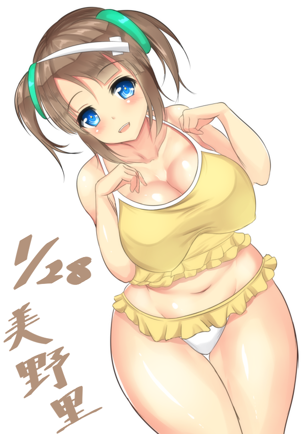 1girl :d adapted_costume bare_shoulders bikini blue_eyes blush breasts brown_hair character_name cleavage collarbone commentary_request cowboy_shot dated frilled_bikini frills green_ribbon groin hair_ribbon large_breasts leaning_forward looking_at_viewer minori_(senran_kagura) navel noeomi open_mouth ribbon senran_kagura senran_kagura_(series) senran_kagura_shinovi_versus smile solo stomach swimsuit thigh_gap twintails white_background yellow_bikini