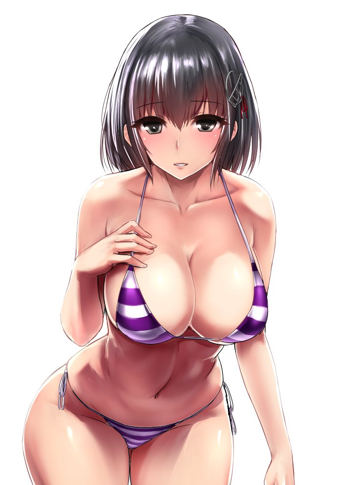 1girl bikini black_eyes black_hair blush breasts cleavage collarbone haguro_(kantai_collection) hair_ornament ishimiso_(ishimura) kantai_collection large_breasts looking_at_viewer navel parted_lips short_hair side-tie_bikini simple_background solo striped striped_bikini swimsuit white_background