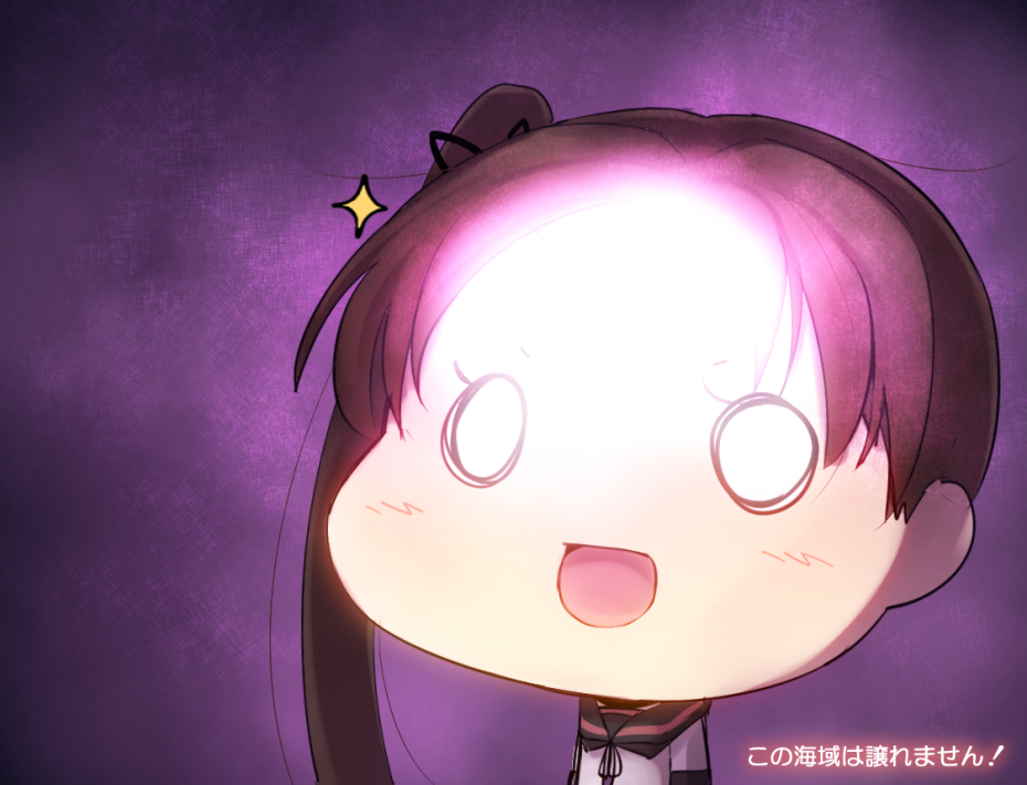 1girl ayanami_(kantai_collection) blush brown_hair chibi commentary commentary_request forehead glowing hair_ribbon kantai_collection long_hair minarai_shachou o_o open_mouth ribbon school_uniform serafuku shin_godzilla side_ponytail smile solid_circle_eyes solo spoilers translated