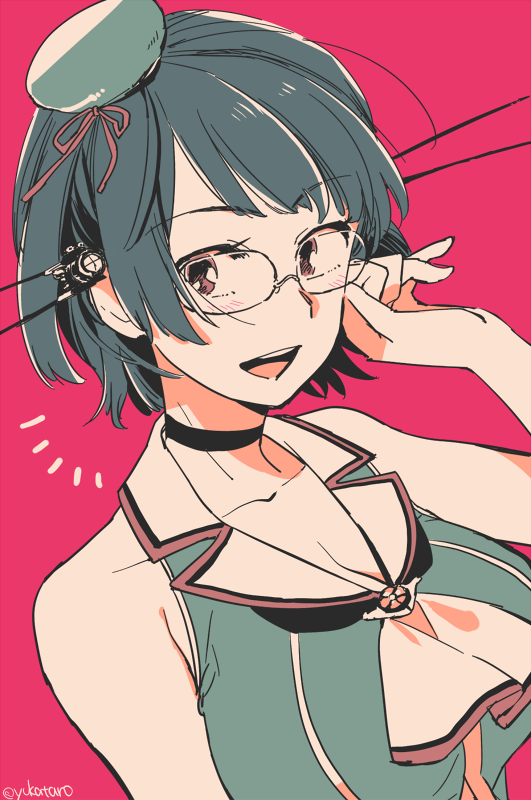 1girl alternate_hair_length alternate_hairstyle bare_shoulders black_hair blush breasts choukai_(kantai_collection) cleavage glasses hat kantai_collection mini_hat open_mouth red_eyes remodel_(kantai_collection) short_hair solo twitter_username yukataro