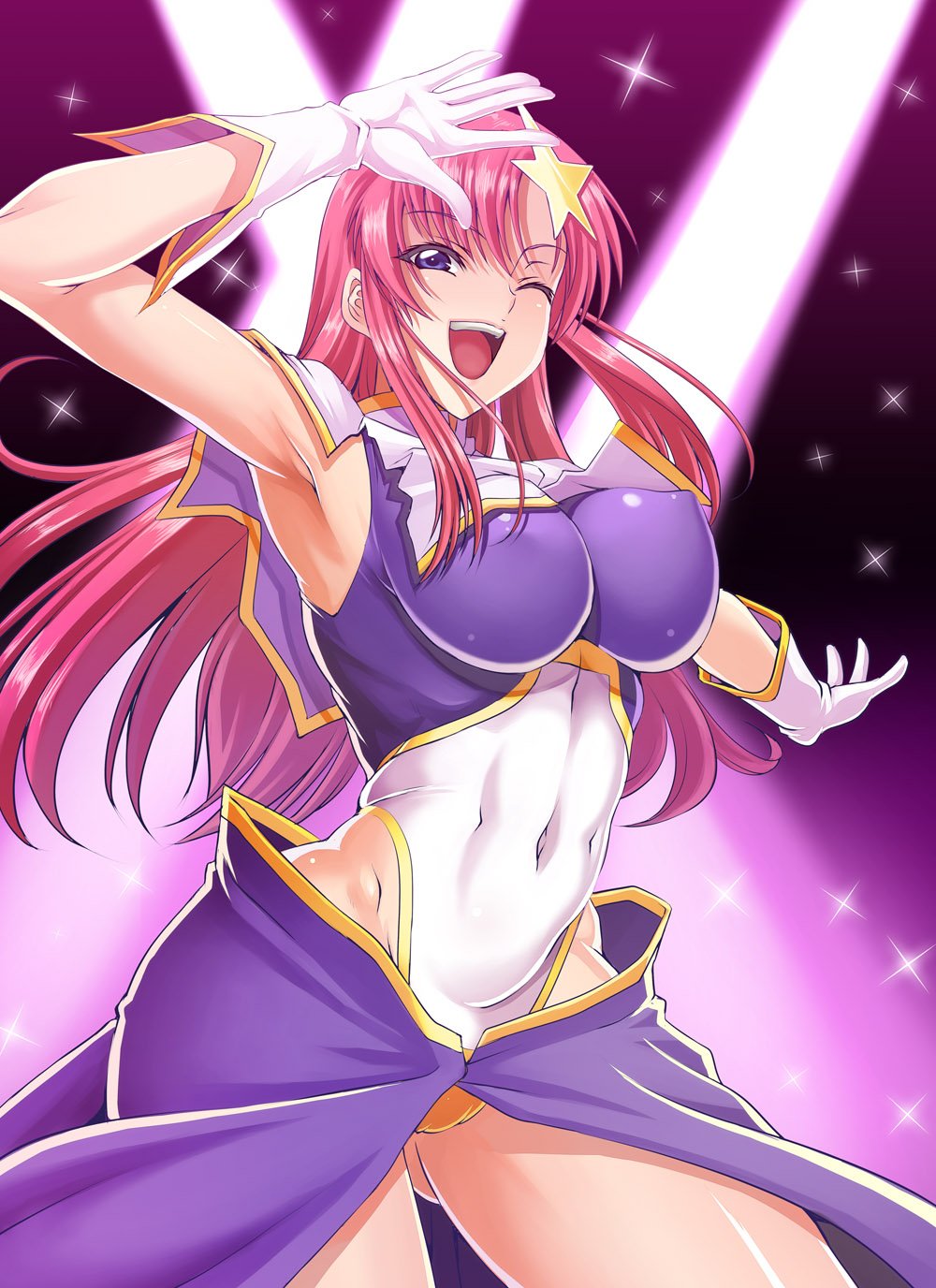 1girl ;d arm_up armpits ass_visible_through_thighs bangs breasts capelet commentary_request covered_navel covered_nipples cowboy_shot gloves gundam gundam_seed gundam_seed_destiny hair_ornament highleg highleg_leotard highres large_breasts leotard long_hair looking_at_viewer meer_campbell one_eye_closed open_mouth outstretched_arms parted_bangs pink_hair sarong shunzou smile solo sparkle spotlight spread_arms star star_hair_ornament violet_eyes white_gloves