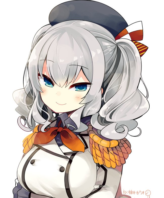 1girl artist_name bangs beret blue_eyes blush breast_hold breasts buttons closed_mouth epaulettes eyebrows eyebrows_visible_through_hair frilled_sleeves frills hair_between_eyes hat hat_ribbon jacket kantai_collection kashima_(kantai_collection) large_breasts long_hair looking_at_viewer military military_uniform ribbon silver_hair simple_background sketch smile solo tsurime twintails uniform upper_body white_background yuzuki_gao