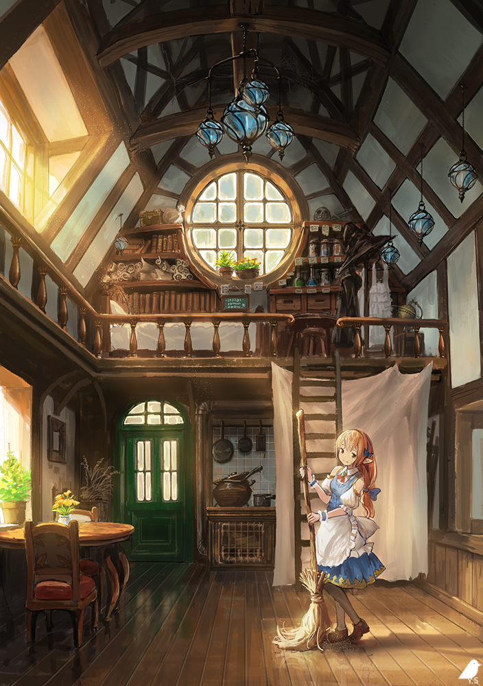 1girl bed bed_sheet blue_skirt broom brown_shoes cauldron chair chandelier chest coat_rack door dress fantasy globe hat indoors lamp light_rays maid original pantyhose picture_frame plant pointy_ears pot potion potted_plant reflection scenery shadow shelf shoes skirt skull solo sunlight table watermark window witch_hat you_(shimizu)