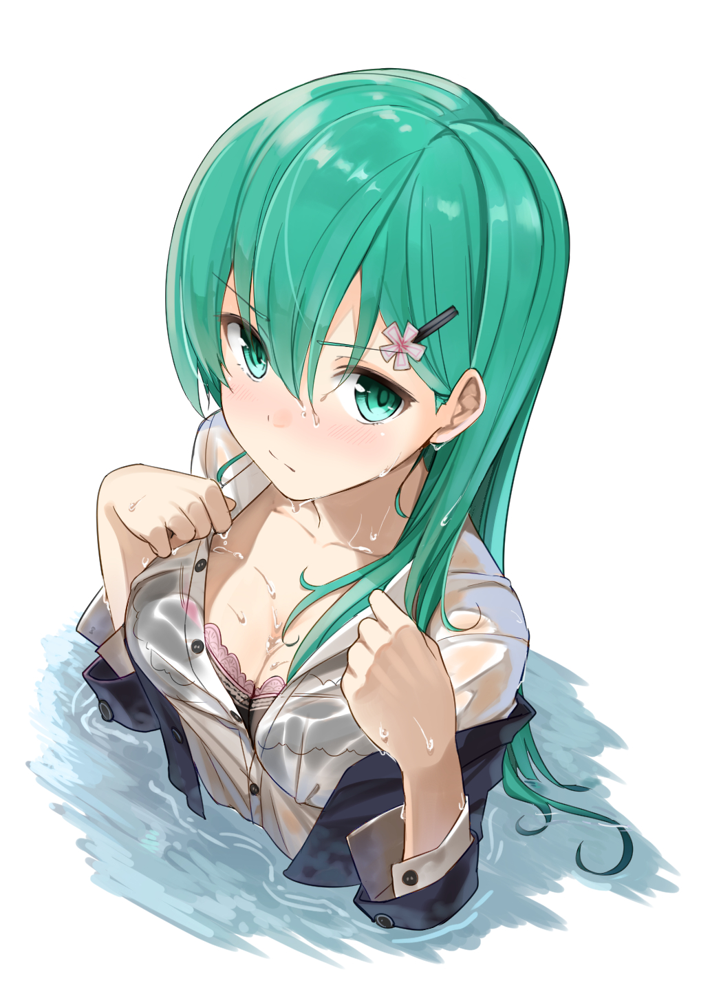 1girl black_bra blazer blush bra breasts cleavage closed_mouth from_above green_eyes green_hair hair_between_eyes hair_ornament hairclip highres jacket kantai_collection long_hair long_sleeves looking_at_viewer max_melon_teitoku md5_mismatch medium_breasts shirt simple_background solo suzuya_(kantai_collection) underwear wading water wet wet_clothes white_shirt