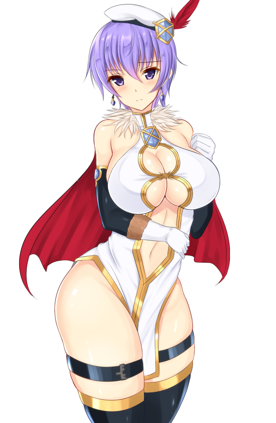 1girl bare_shoulders beret black_legwear blush breasts cape cleavage cleavage_cutout commentary_request cowboy_shot crystal_earrings earrings elbow_gloves frown fur_trim gloves hat jewelry large_breasts leona_(sennen_sensou_aigis) looking_at_viewer midriff navel noeomi pelvic_curtain purple_hair sennen_sensou_aigis short_hair solo thigh-highs violet_eyes white_background white_gloves