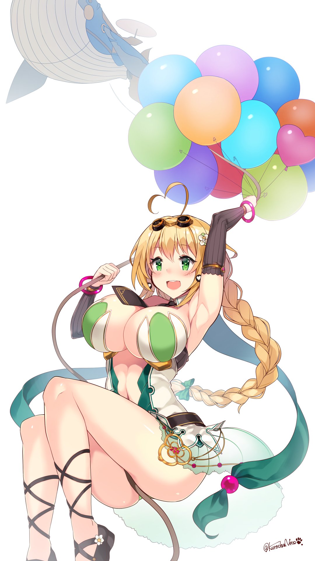 1girl :d ahoge arm_up armpits balloon balloon_vine_(flower_knight_girl) bangle blonde_hair blush bracelet braid breasts elbow_gloves flower_knight_girl gloves goggles goggles_on_head green_eyes hair_ornament hair_ribbon heart_ahoge heart_balloon highres jewelry kuro_chairo_no_neko large_breasts long_hair open_mouth ribbon rope signature simple_background single_braid smile solo twitter_username whale white_background