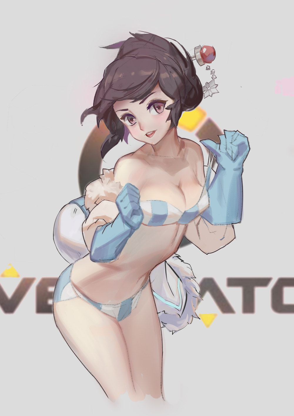 1girl bangs bare_shoulders beads bikini blue_gloves breasts brown_eyes brown_hair cleavage coat collarbone copyright_name cowboy_shot fur-trimmed_coat fur_coat fur_collar fur_trim gloves hair_bun hair_ornament hair_stick hands_up head_tilt highres large_breasts leaning_forward looking_at_viewer mei_(overwatch) midriff navel no_glasses open_mouth overwatch rabbit_(tukenitian) smile snowflake_hair_ornament solo stomach strapless strapless_bikini striped striped_bikini swimsuit vertical_stripes