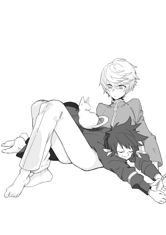 2boys cat greyscale male_focus mikleo_(tales) monochrome multiple_boys on_lap r2load short_hair sitting smile sorey_(tales) stretch tales_of_(series) tales_of_zestiria