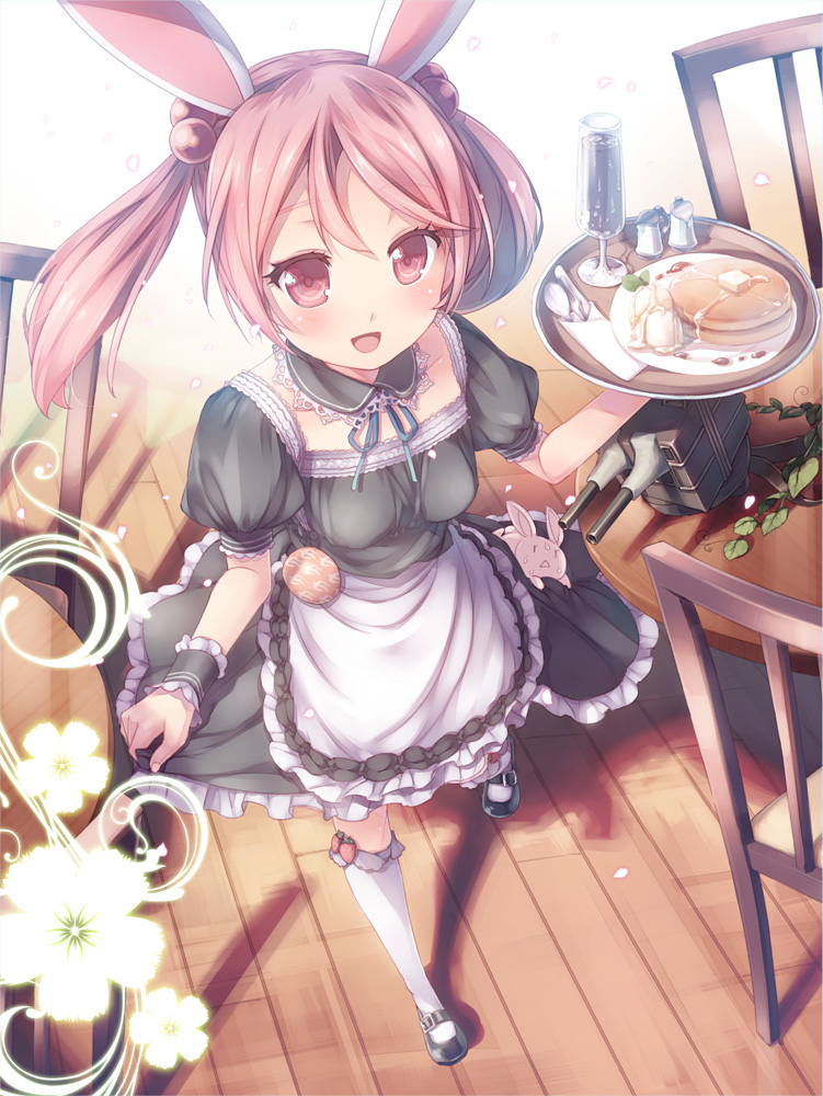1girl :&lt; :d alternate_costume animal_ears apron badge binzoko_glasses_(san-inch) black_shoes blush breasts butter chair cup detached_collar dress drinking_glass enmaided food frills hair_bobbles hair_ornament kantai_collection kemonomimi_mode knife leaf looking_at_viewer maid maid_apron open_mouth pancake pink_eyes pink_hair plant puffy_short_sleeves puffy_sleeves rabbit rabbit_ears sazanami_(kantai_collection) shoes short_hair short_sleeves small_breasts smile solo spoon sweat table tray turret twintails waist_apron weapon white_legwear wooden_floor wrist_cuffs