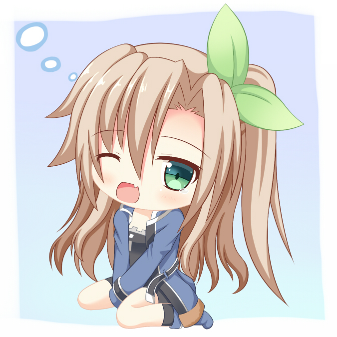 1girl bow brown_hair chibi fang green_eyes hair_bow hair_ornament if_(choujigen_game_neptune) long_hair looking_at_viewer neptune_(series) one_eye_closed open_mouth side_ponytail sitting solo tears wariza whitey yawning