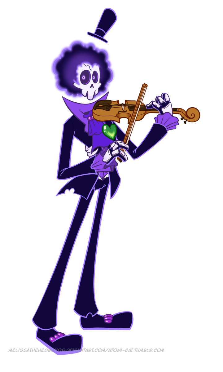 1boy afro atomi-cat black_hair brook commentary formal hat heart highres instrument male_focus music mystery_skulls one_piece parody playing_instrument popped_collar purple_hair simple_background skeleton solo standing style_parody suit top_hat violet_eyes violin watermark web_address white_background