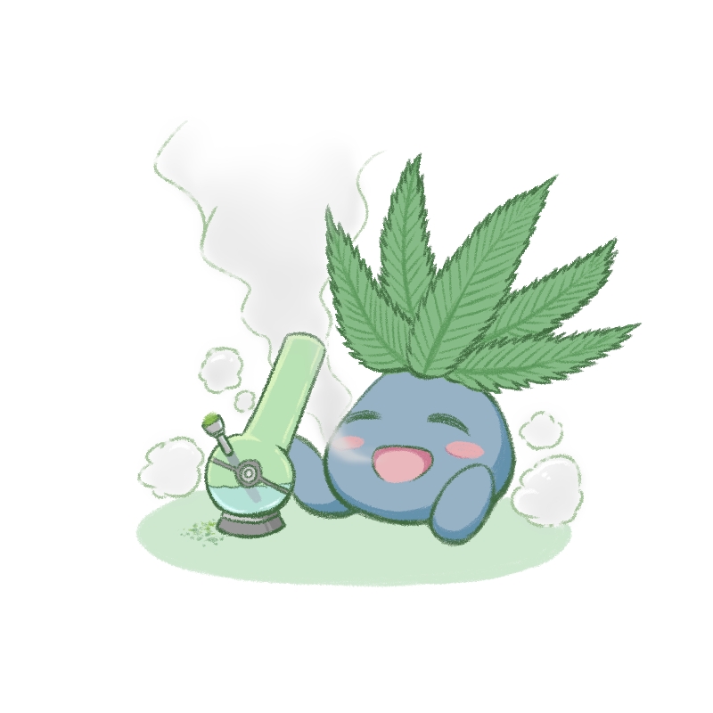 alison_(alison_air_lines) blush_stickers bong closed_eyes commentary_request marijuana no_humans oddish open_mouth pokeball_symbol pokemon pokemon_(creature) sitting smile smoke smoking white_background