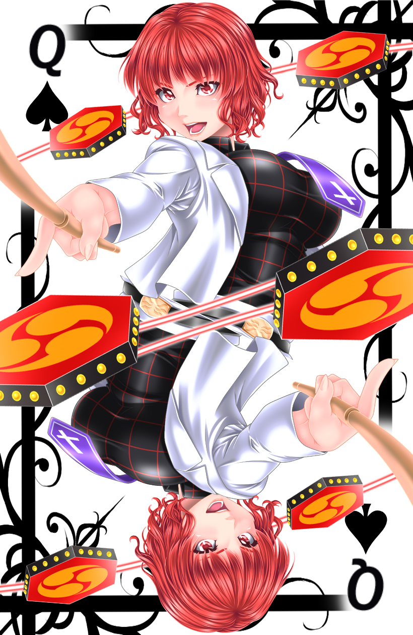 1girl black_clothes black_shirt blouse breasts card card_(medium) commentary_request drum drum_set drumsticks highres horikawa_raiko instrument large_breasts multiple_views necktie open_clothes open_mouth open_shirt patterned_clothing playing_card pointing polo_shirt red_eyes redhead shirt spades_(playing_card) touhou white_blouse white_clothes white_shirt yoiti