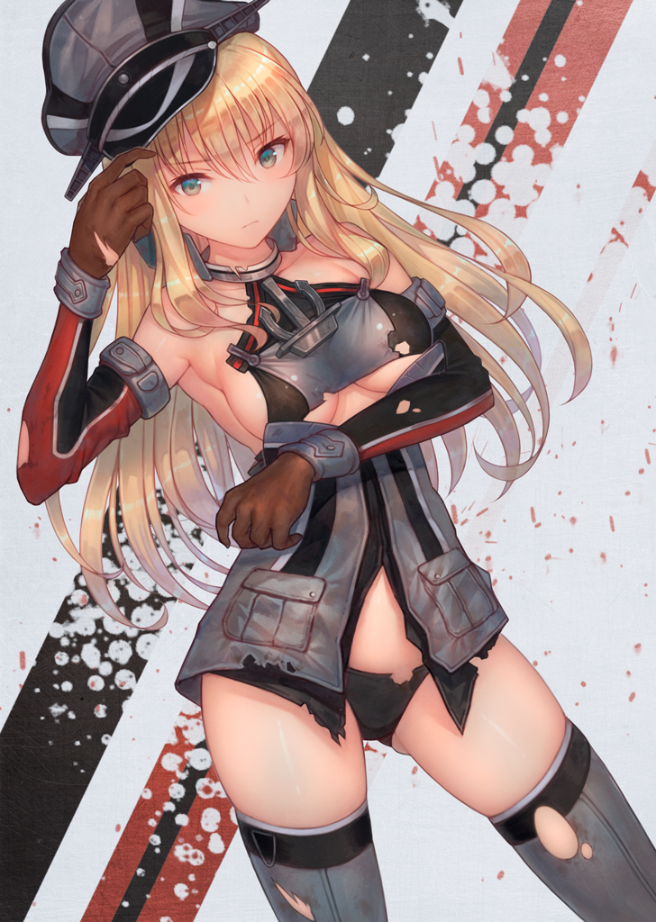 1girl anchor_hair_ornament aqua_eyes bare_shoulders bismarck_(kantai_collection) black_panties blonde_hair breast_hold breasts bruise cowboy_shot detached_sleeves frown gluteal_fold grey_legwear hair_ornament hat holding holding_hat injury iron_cross kantai_collection kriegsmarine large_breasts long_hair looking_at_viewer military military_hat military_uniform panties peaked_cap sideboob skindentation solo thigh-highs thighs torn_clothes torn_thighhighs underwear uniform urokoda