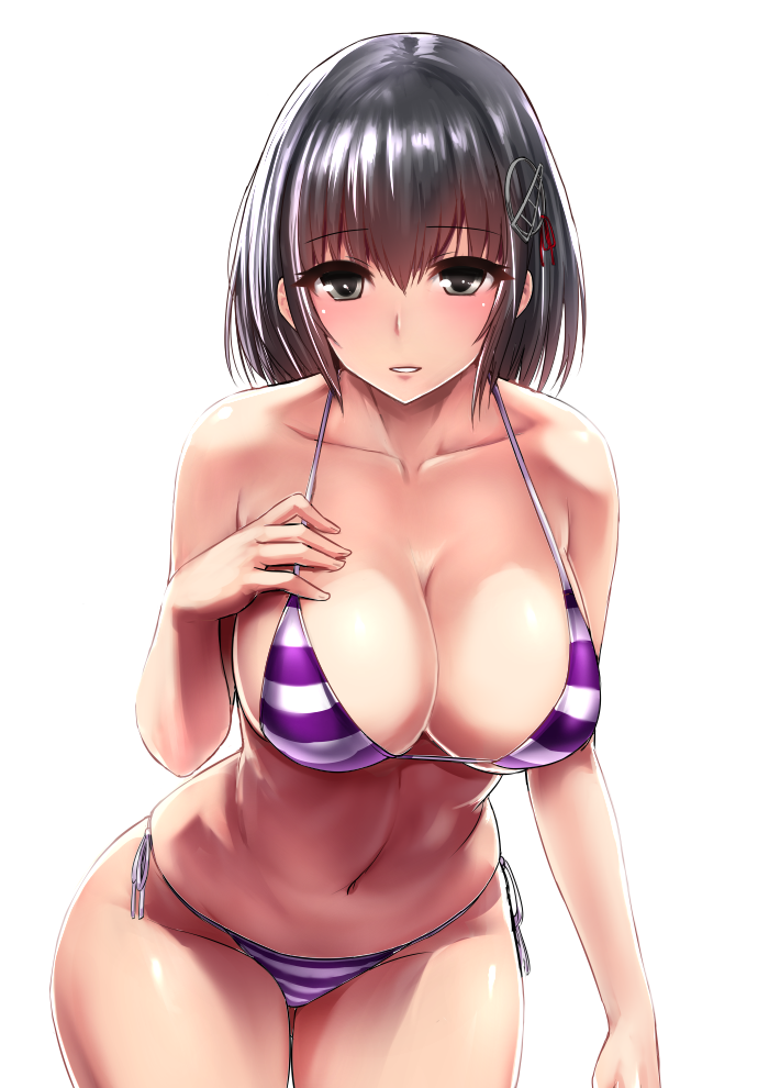 1girl bangs bikini black_eyes black_hair blush breasts cleavage collarbone commentary_request haguro_(kantai_collection) hair_ornament ishimiso_(ishimura) kantai_collection large_breasts leaning_forward navel short_hair side-tie_bikini simple_background smile solo striped striped_bikini striped_swimsuit swimsuit white_background