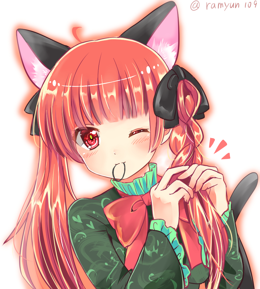 1girl :3 adjusting_hair ahoge animal_ears bangs black_bow blunt_bangs blush bow bowtie braid braiding_hair cat_ears cat_tail extra_ears green_shirt hair_bow hair_tie hairdressing kaenbyou_rin long_hair long_sleeves looking_at_viewer mouth_hold one_eye_closed outline ramudia_(lamyun) red_bow red_bowtie red_eyes redhead shirt simple_background solo tail touhou twitter_username tying_hair upper_body white_background