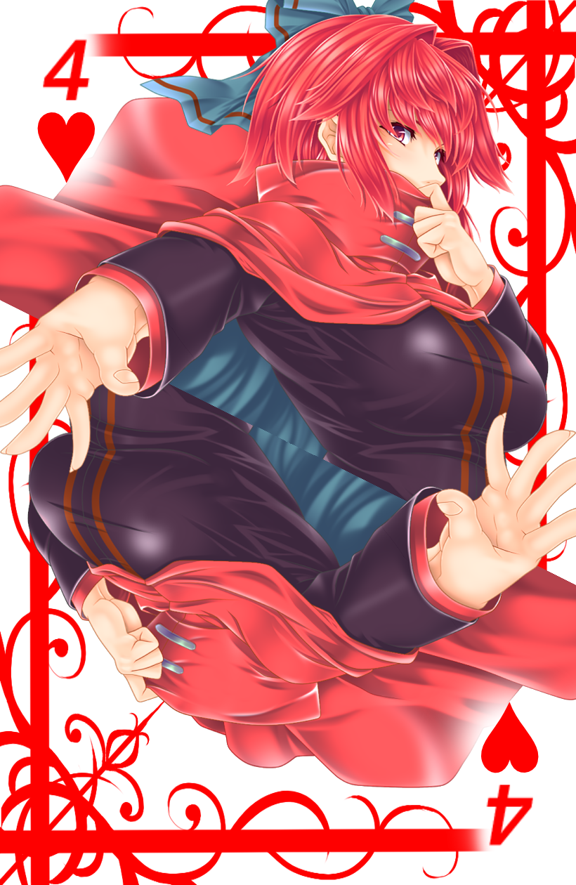 1girl blouse breasts cape card card_(medium) commentary_request fingernails hair_ribbon hands headless highres large_breasts long_sleeves multiple_views playing_card red_eyes redhead ribbon sekibanki touhou yoiti