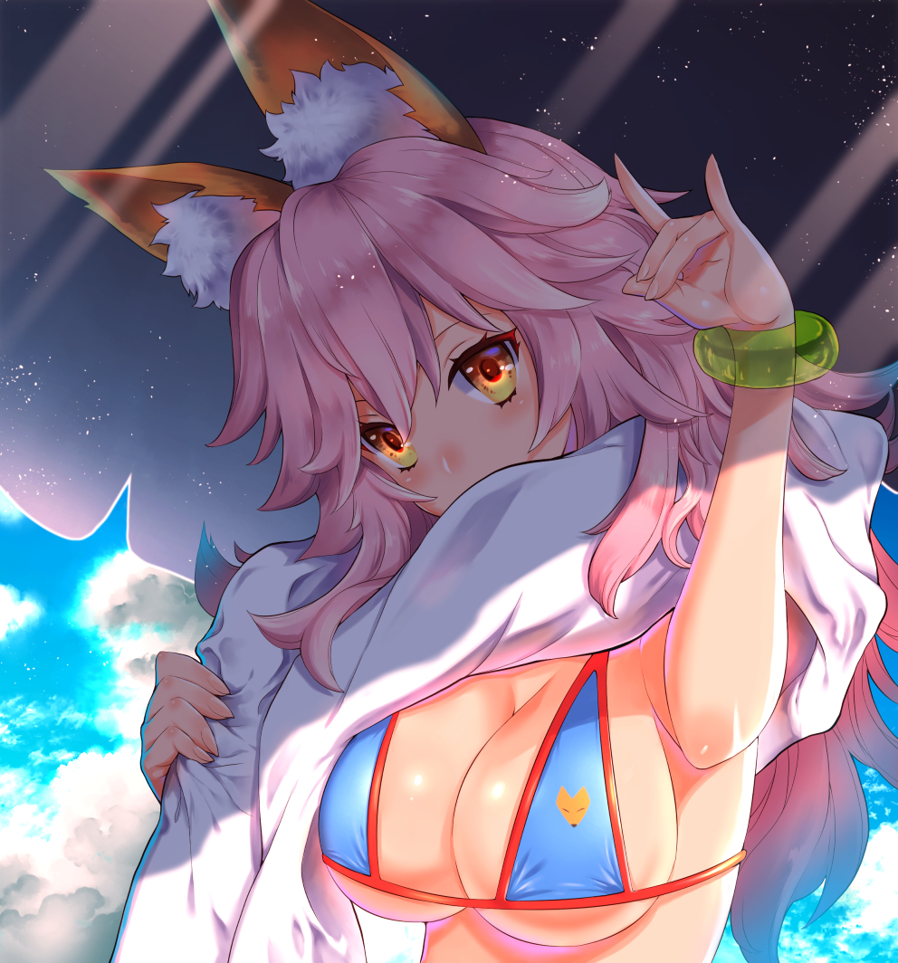 1girl animal_ears bikini_top blush breasts caster_(fate/extra) cleavage fate/extra fate/grand_order fate_(series) fox_ears large_breasts long_hair looking_at_viewer pink_hair solo swimsuit under_boob yellow_eyes