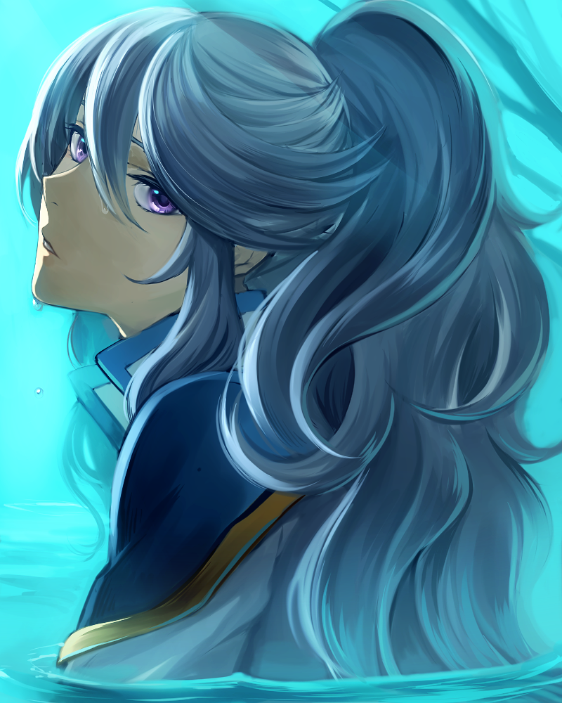 1boy bangs blue_hair long_hair male_focus mikleo_(tales) nuku partially_submerged ponytail solo_focus swept_bangs tales_of_(series) tales_of_zestiria violet_eyes water
