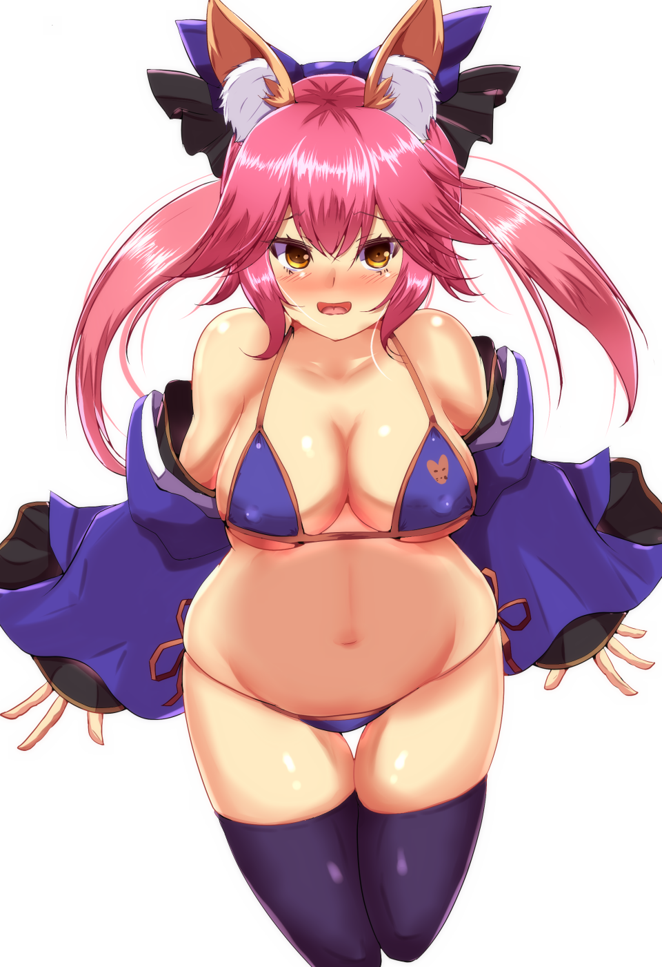 1girl animal_ears artist_request bikini_top blue_legwear blush bow breasts caster_(fate/extra) cleavage collarbone detached_sleeves fate/extra fate/grand_order fate_(series) fox_ears hair_bow hair_ribbon highres large_breasts looking_at_viewer midriff navel open_mouth pink_hair ribbon simple_background solo swimsuit white_background yellow_eyes
