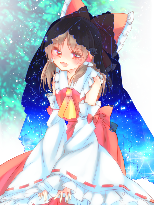 1girl ascot bow brown_hair cowboy_shot detached_sleeves frills hair_bow hair_tubes hakurei_reimu looking_at_viewer muzuki_uruu open_mouth red_bow red_eyes red_shirt red_skirt ribbon_trim shirt sidelocks skirt skirt_set smile solo sunlight touhou wide_sleeves